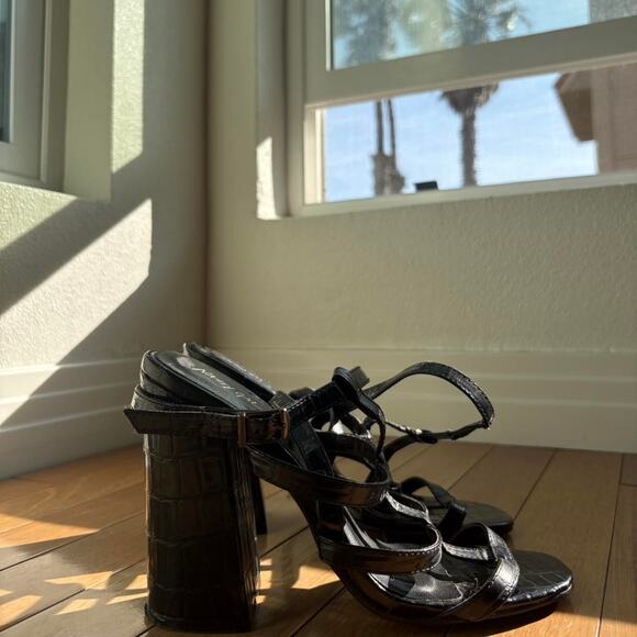 Nasty Gal Black Faux Croc Leather Block Heel Sandals - Picture 1 of 5